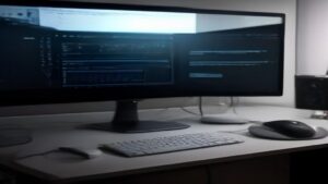 Sleek 8K gaming monitor showing vivid game graphics on a minimalist desk with RGB lighting, blurred high‑performance gaming setup behind, clean 3:2 hero shot, professional blog style