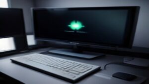 Two sleek monitors side by side on a modern desk displaying synchronized gaming visuals with adaptive sync icons