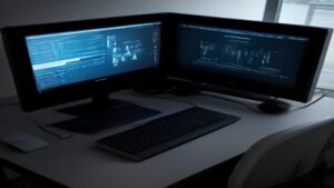A futuristic digital dashboard featuring glowing data streams and a roadmap for 2026 technology adoption
