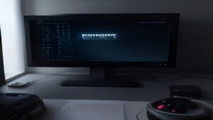 A sleek ultrabook with glowing neural networks sits on a minimalist desk under soft studio light, showcasing advanced AI capabilities