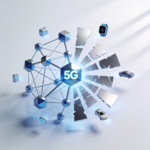 A futuristic data center with glowing 5G antenna arrays connecting sleek IoT devices across a digital grid