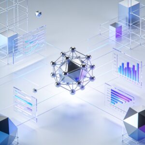 An indie creator at a desk with holographic AI interfaces designing a 3D game world with generative tools, surrounded by code snippets.