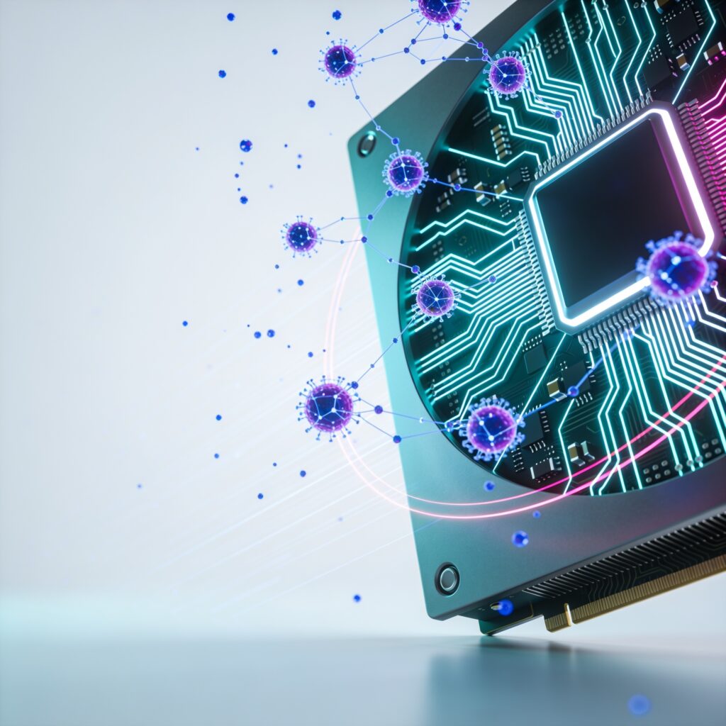 Modern graphics card with RGB lighting, overclocking software showing frequency and temperature graphs, on a subtle circuit board background