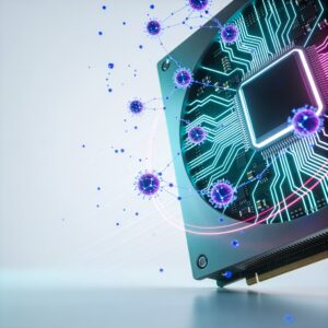 Modern graphics card with RGB lighting, overclocking software showing frequency and temperature graphs, on a subtle circuit board background