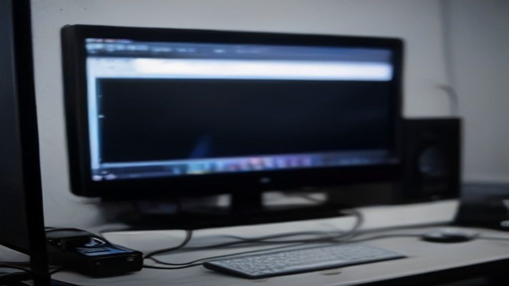 AI-powered desktop computer glowing with neural network visualizations above a minimalist desk and dual monitors