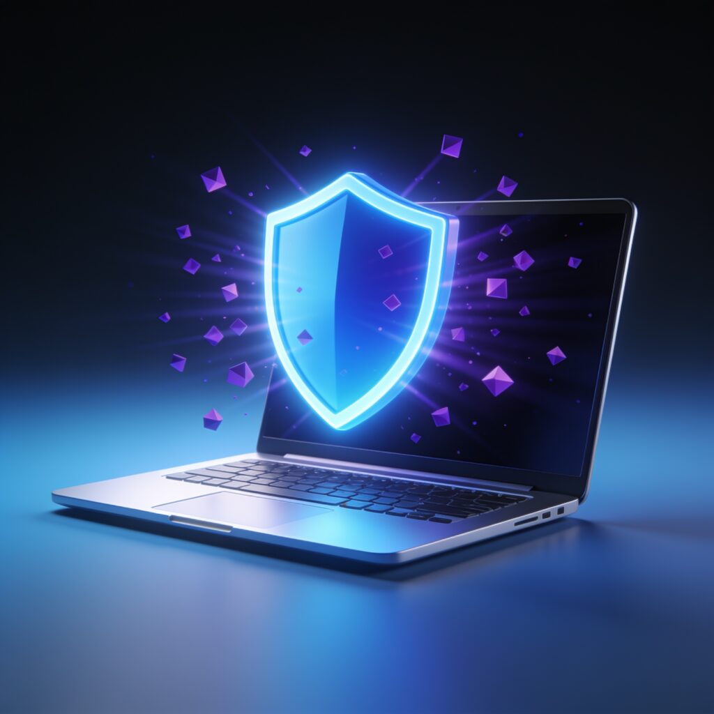 A modern cybersecurity dashboard displaying AI-driven threat detection and protection for small business owners