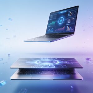 A sleek ultrabook with AI chip, surrounded by performance graphs and floating data visualizations on a clean desk