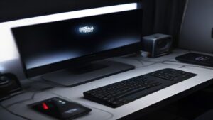 A futuristic studio with a large 4K monitor displaying a crystal‑clear, high‑resolution video frame being enhanced by glowing AI algorithms