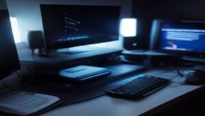 Apple Vision Pro 2 headset on a minimalist desk with a laptop, ambient lighting highlighting its sleek design