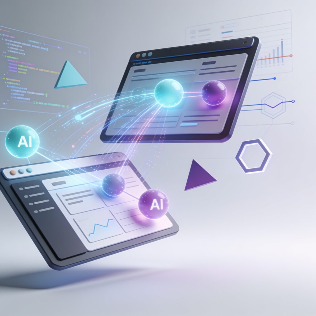 A modern office setting with diverse software developers collaborating around a digital screen displaying AI-powered project management dashboards, colorful charts, and task timelines