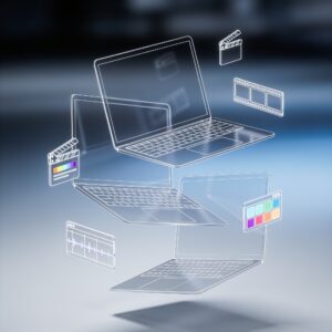 Professional video editor working on high-performance laptop with color-graded timeline and external monitor setup