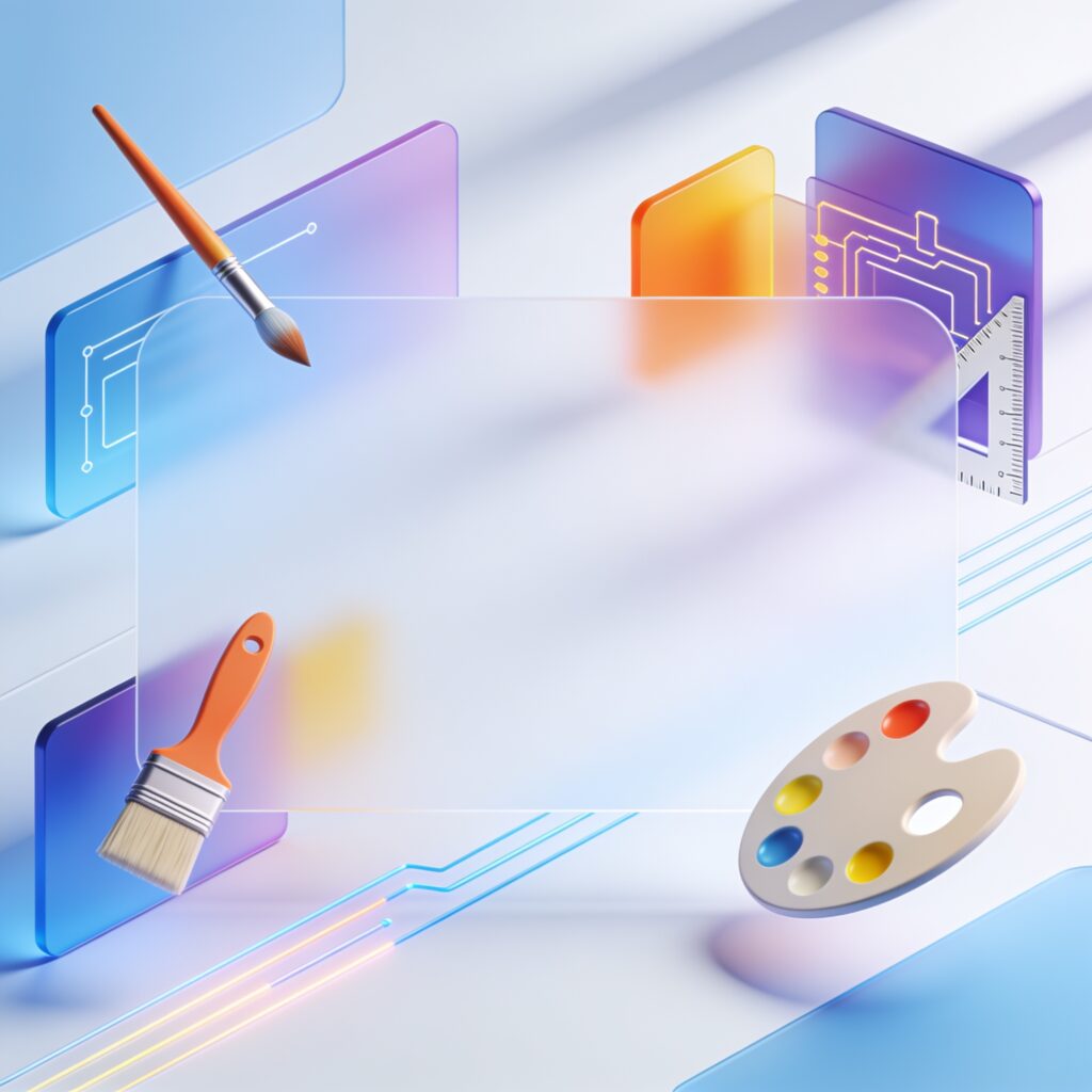 A creator working on a tablet surrounded by floating design elements like icons, color palettes, and 3D models with a modern workspace background