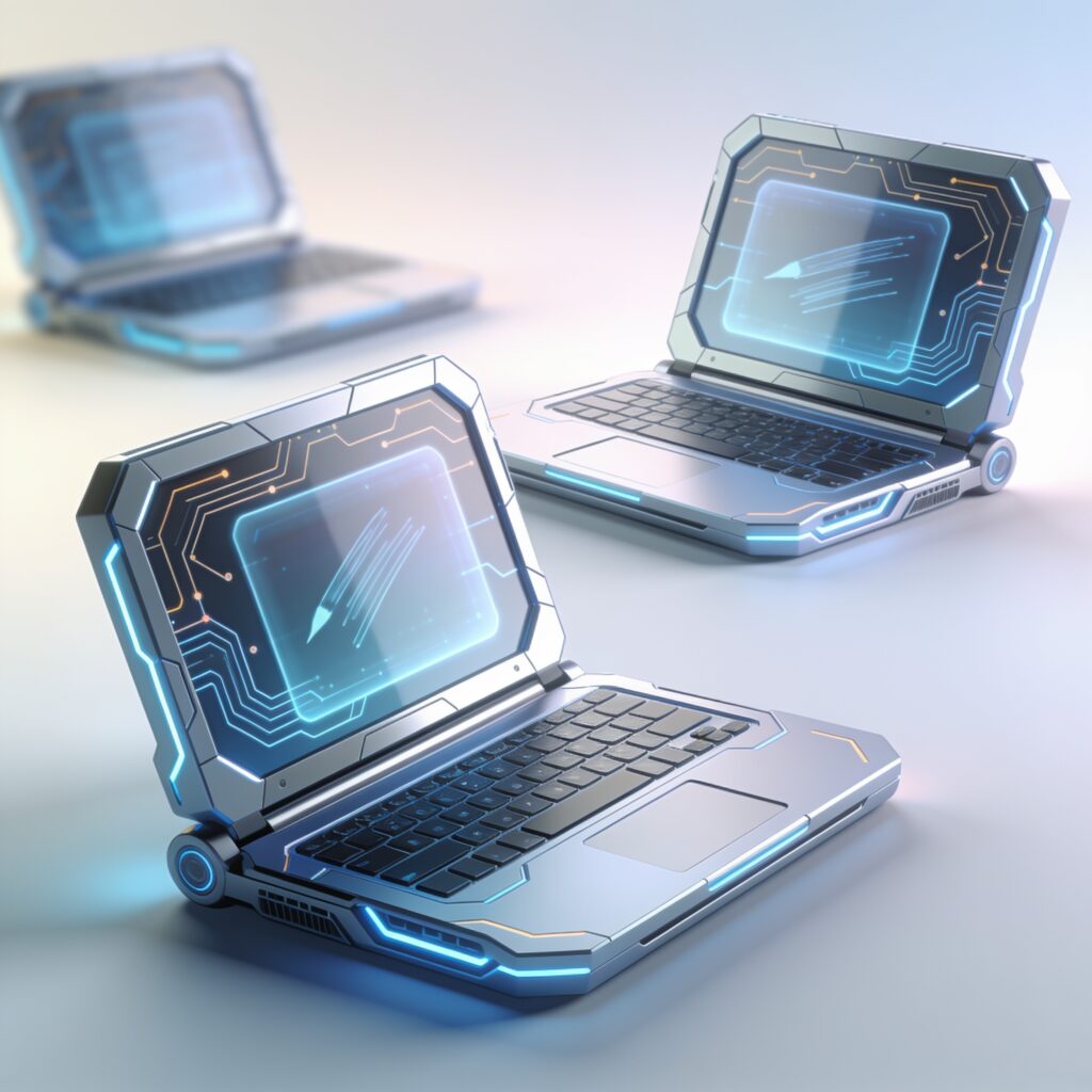 Sleek AI laptop positioned on a modern desk with holographic data visualization background