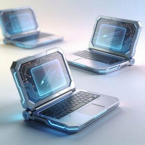 Sleek AI laptop positioned on a modern desk with holographic data visualization background