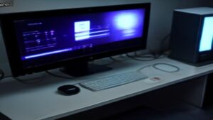 A modern workspace with a laptop showing an AI dashboard, digital tools, and a coffee mug, showing remote team productivity