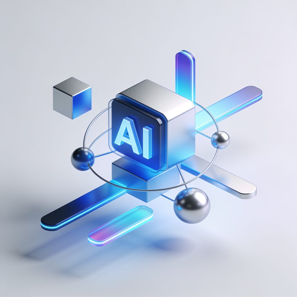 A modern developer using an AI-powered dashboard with code snippets and data visualizations on a sleek monitor
