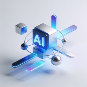 A modern developer using an AI-powered dashboard with code snippets and data visualizations on a sleek monitor