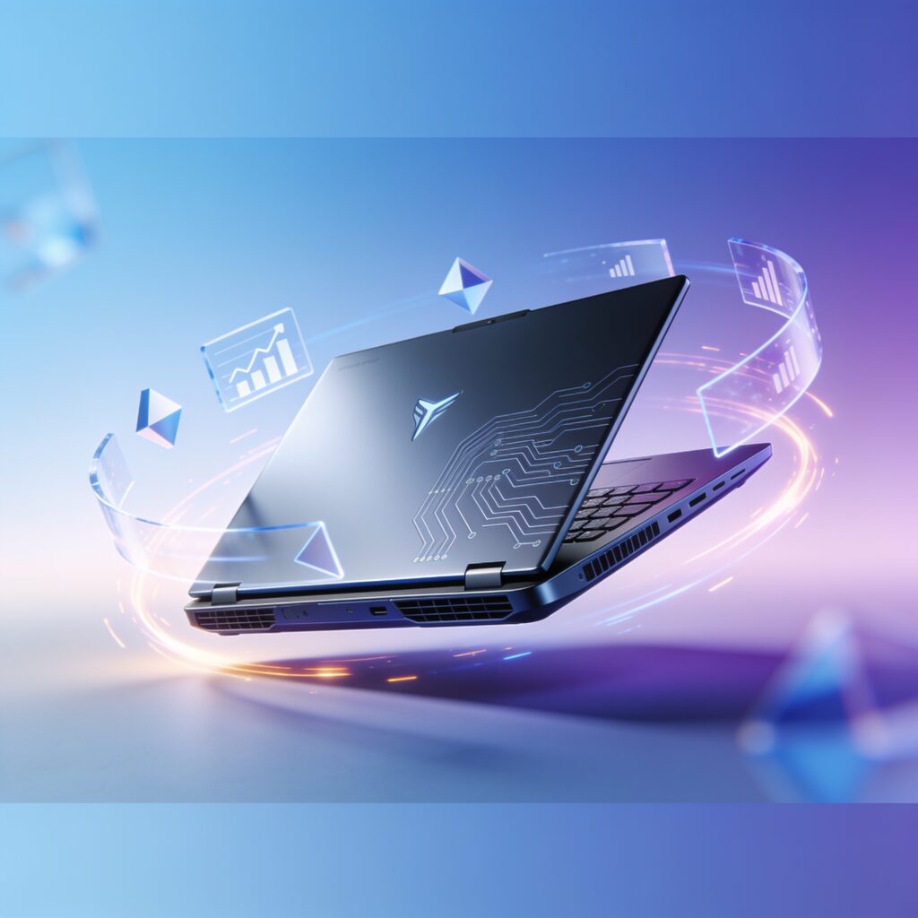 A sleek gaming laptop with a vibrant game displayed on its screen, set on a dark desk with subtle RGB lighting
