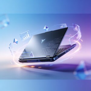 A sleek gaming laptop with a vibrant game displayed on its screen, set on a dark desk with subtle RGB lighting