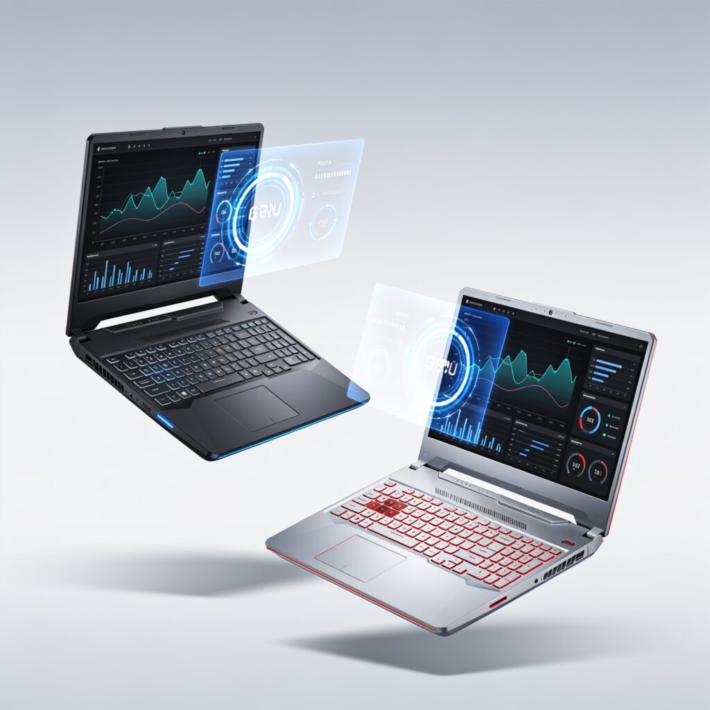 A high-performance gaming laptop on a desk with gaming headset and peripherals
