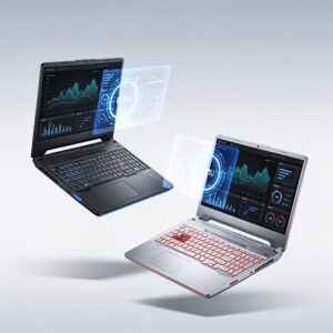 A high-performance gaming laptop on a desk with gaming headset and peripherals