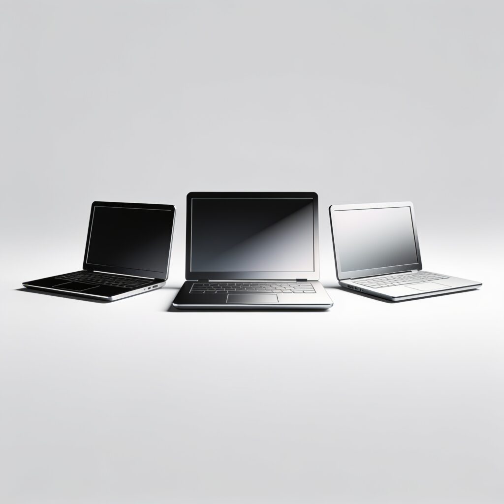 A tidy desk showing three affordable laptops side by side, with a student taking notes and a professional coding, natural lighting.