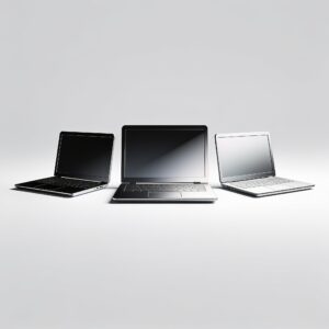 A tidy desk showing three affordable laptops side by side, with a student taking notes and a professional coding, natural lighting.