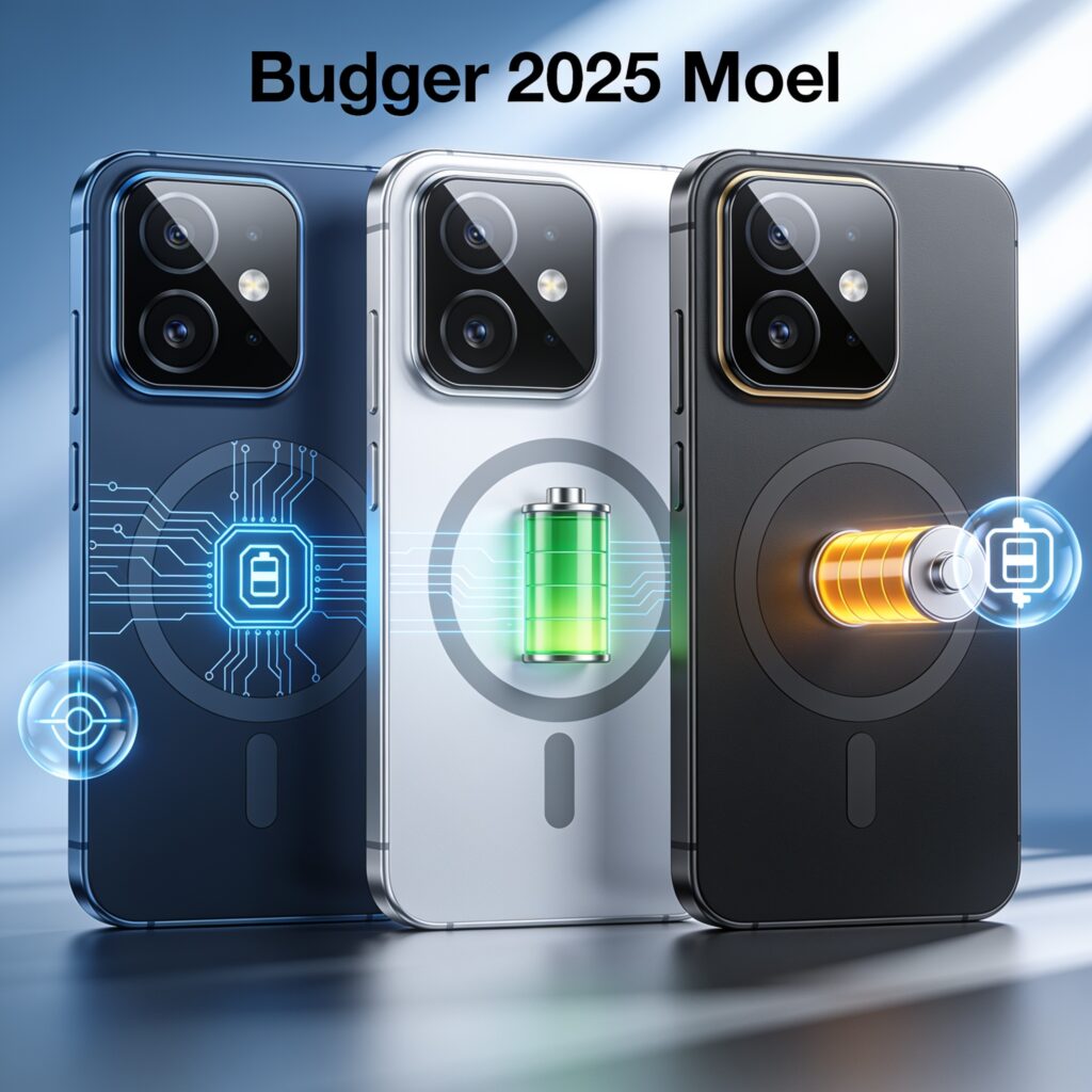 Several budget smartphones arranged side by side on a clean desk, each showing its screen and price tag