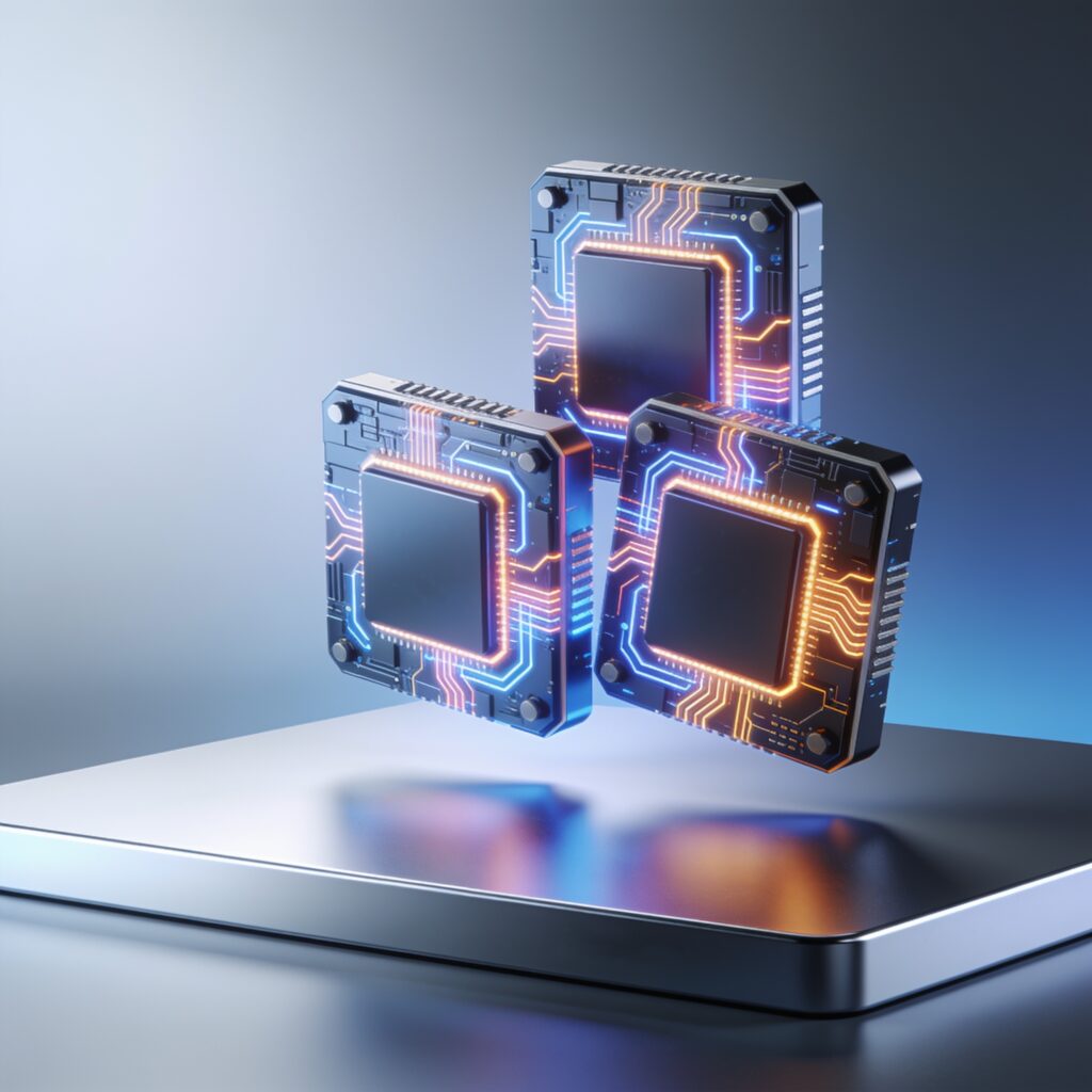 A sleek desk with a high‑resolution monitor displaying CPU performance graphs, bathed in futuristic lighting
