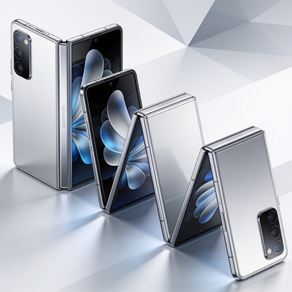 Sleek foldable device displayed open and closed, highlighting vibrant screen and durable hinge mechanism in studio lighting