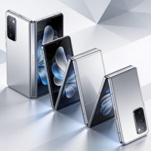 Sleek foldable device displayed open and closed, highlighting vibrant screen and durable hinge mechanism in studio lighting