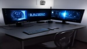 Two modern gaming laptops on a dark desk, one open showing a vivid game scene on screen, the other closed beside a mechanical keyboard and headset