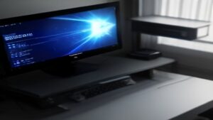 Sleek modern gaming laptop on a desk with RGB lighting and futuristic design