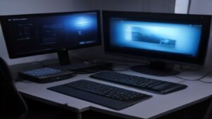 A sleek high-performance gaming laptop with RGB keyboard lighting, displayed on a modern desk with a gaming mouse and headset, set against a dark gradient background