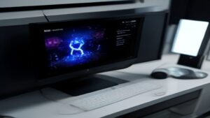 Gaming laptops with RGB-lit keyboards rest on a dark desk while faint holographic performance graphs hover in a dimly lit room