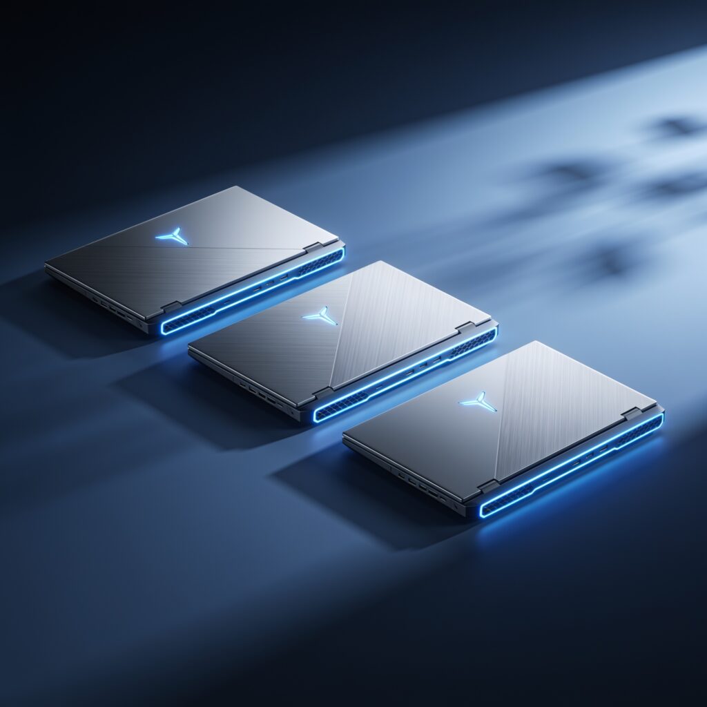 A sleek aluminum gaming laptop with RGB keyboard sits on a dark desk under soft light, screen reflecting a faint cityscape
