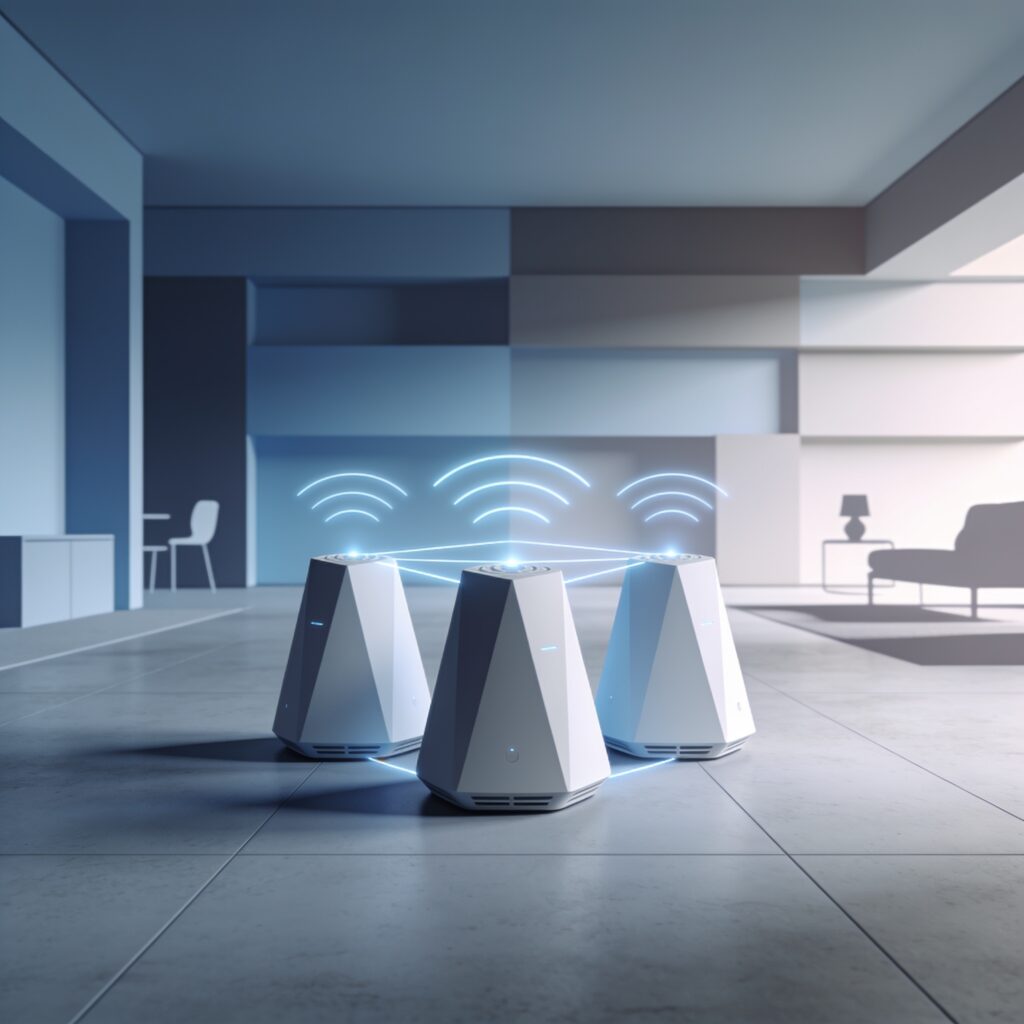 A clean, modern living room with a central router and multiple nodes, showcasing seamless wireless coverage.