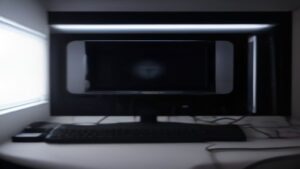 A close‑up of a sleek mini LED monitor displaying vibrant colors, with a gaming keyboard and mouse beside it on a modern desk