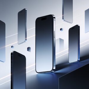 Flat lay of premium smartphones including Galaxy S25, iPhone 15 Pro Max, and OnePlus 12 on dark marble surface