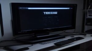 Steam Deck OLED on a black matte surface, bright screen showing a game, with performance stats and battery icon overlay