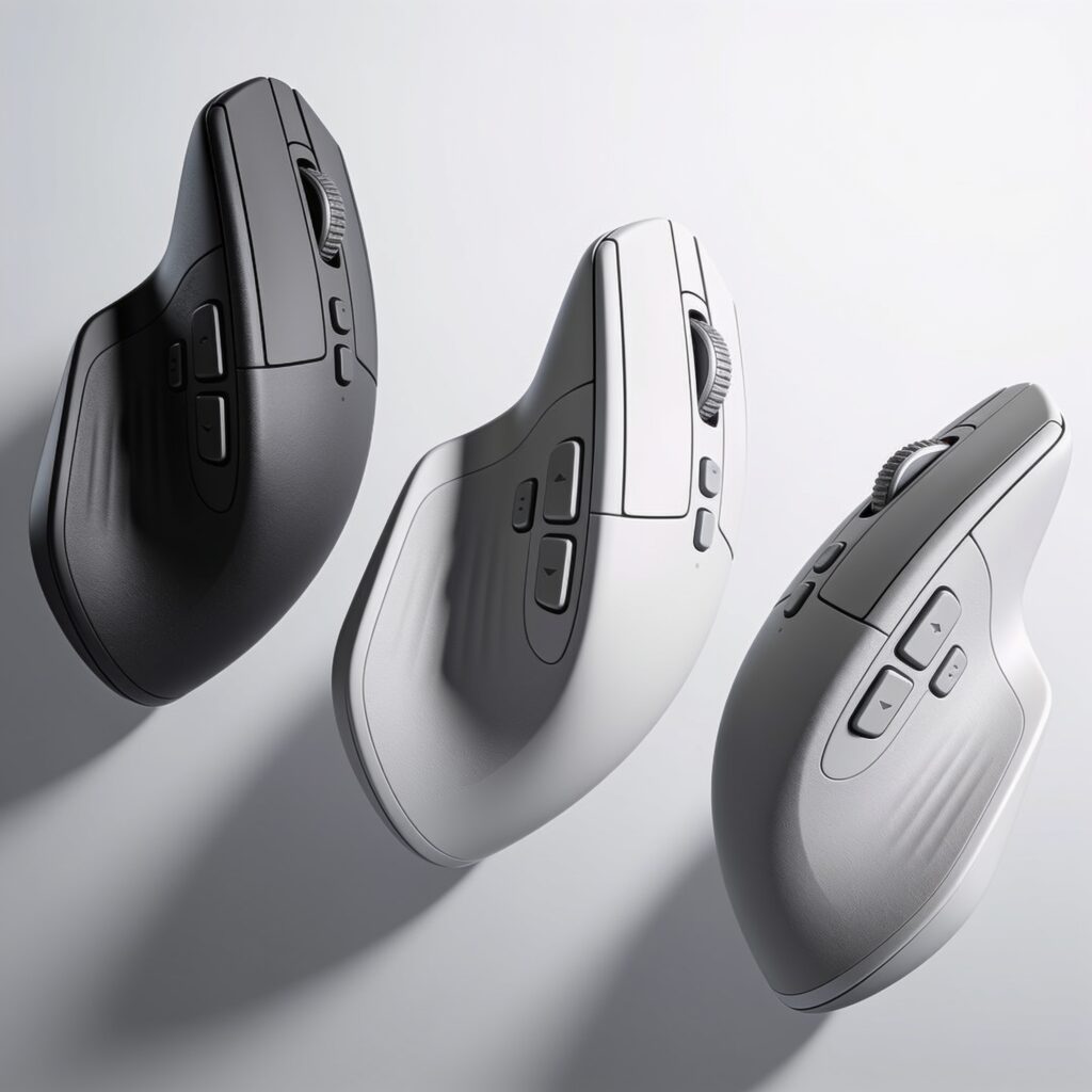 Hand holding ergonomic vertical mouse on desk with soft lighting and minimal workspace setup