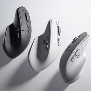 Hand holding ergonomic vertical mouse on desk with soft lighting and minimal workspace setup