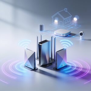 A sleek Wi‑Fi 7 router on a modern table with smart lights, thermostat, and voice assistant glowing softly.