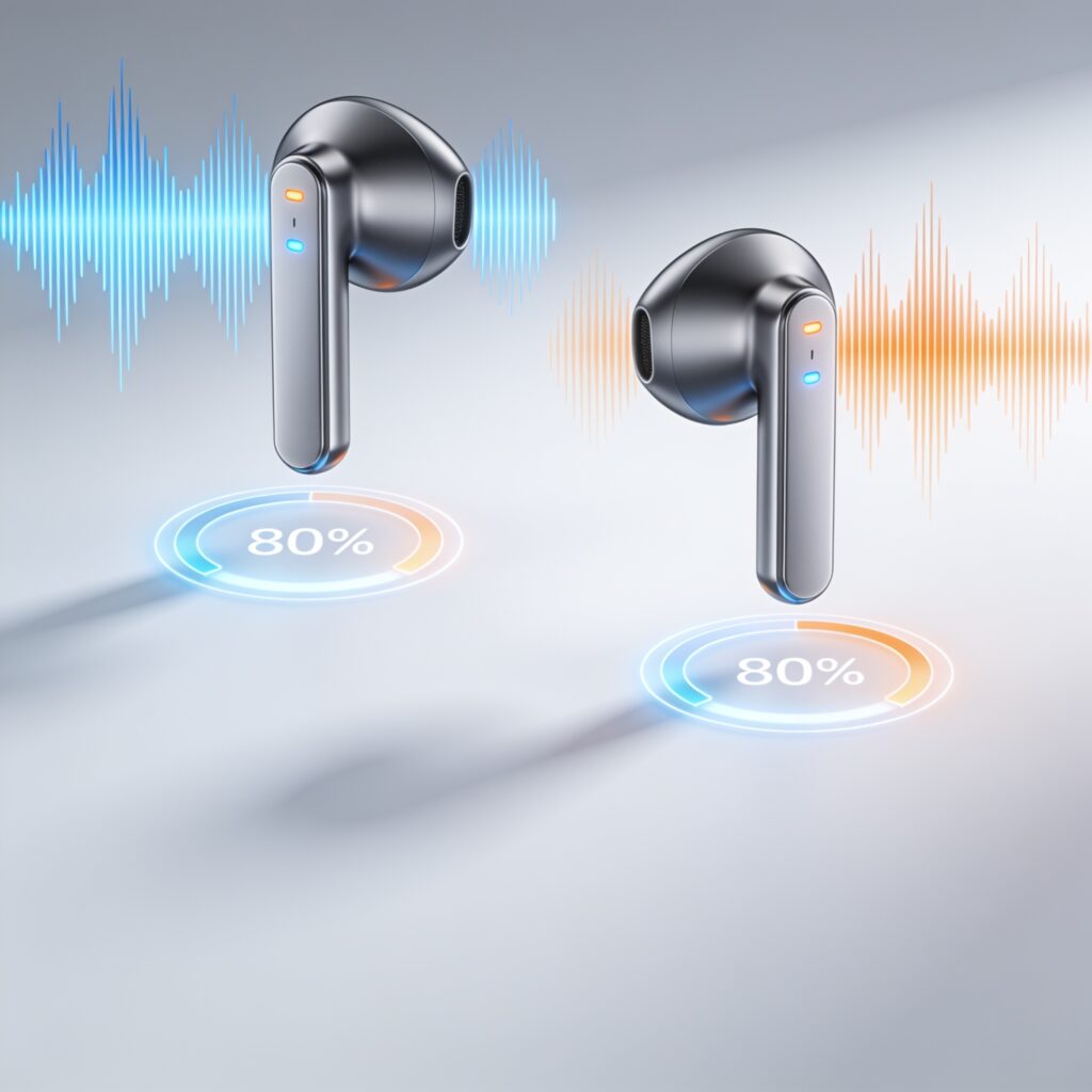 Wireless earbuds placed on a subway seat with city lights blurred in the background
