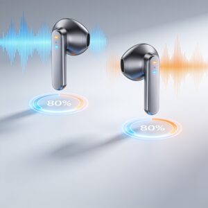 Wireless earbuds placed on a subway seat with city lights blurred in the background