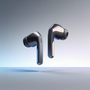 A pair of compact true wireless earbuds resting on a soft pastel background beside a small ear silhouette