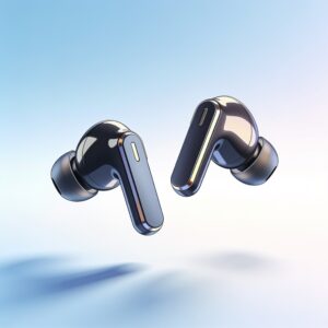Close-up of compact wireless earbuds with small silicone tips resting on a neutral surface, soft lighting highlighting ergonomic design and secure fit for sensitive ears