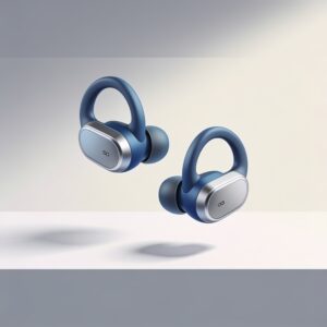 Close-up of wireless earbuds fitting comfortably in a small ear against a soft blurred background.