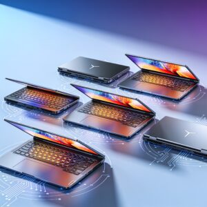 A sleek laptop on a wooden desk with RGB lighting and a monitor