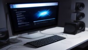 A sleek modern gaming laptop opened on a wooden desk with vibrant RGB lighting, background showing a city skyline at dusk